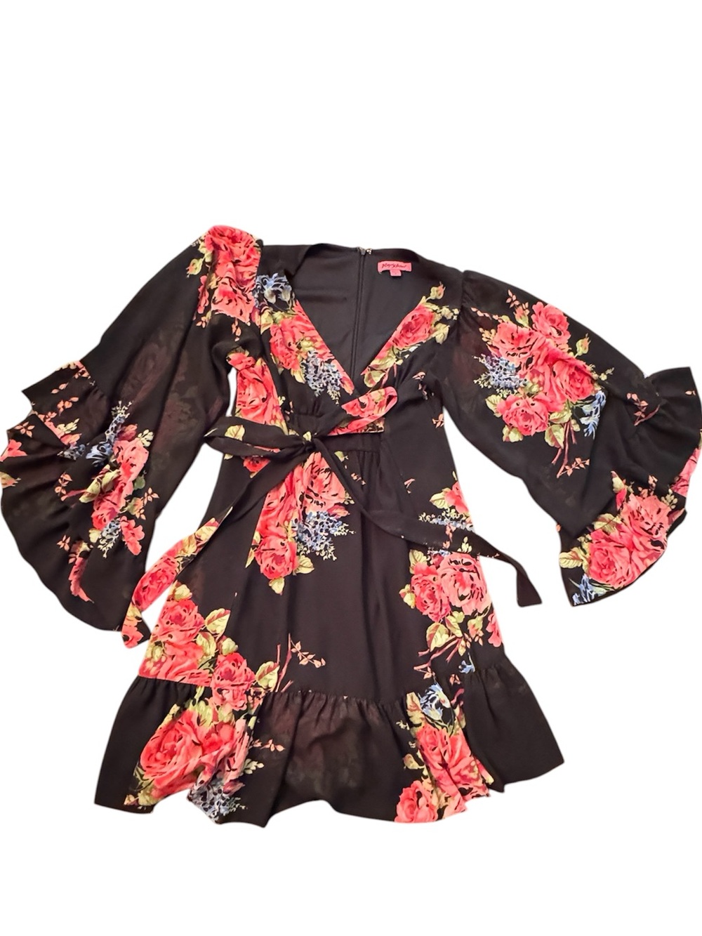 Betsey Johnson Floral Mini Dress Black Pink Rose Ruffle Sleeve Tie Waist Size 6